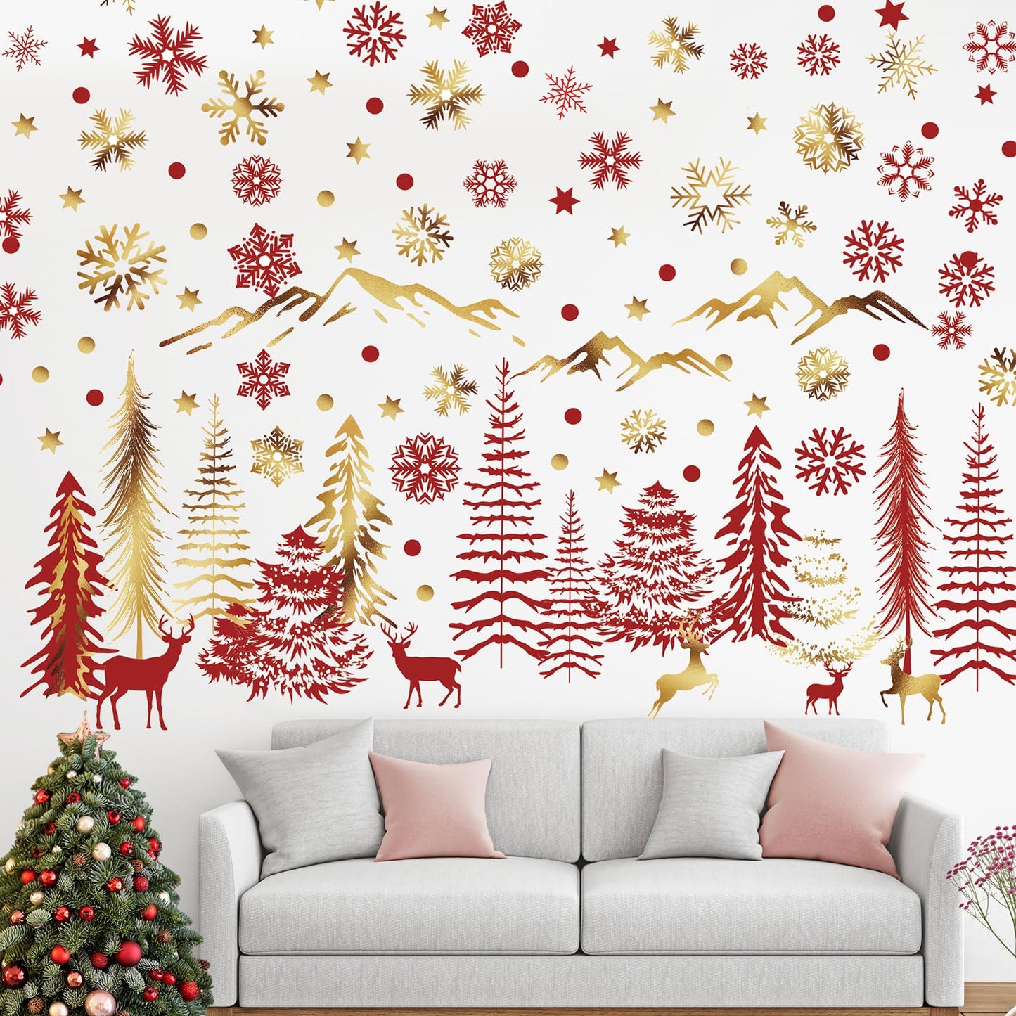 Teling 8 Pieces Winter Snowflake Wall Decals Stickers Dreamy Nursery Forest Woodland Trees Deer Pine Tree Wall Decals for Kids Room Winter Decor(Red, Gold)