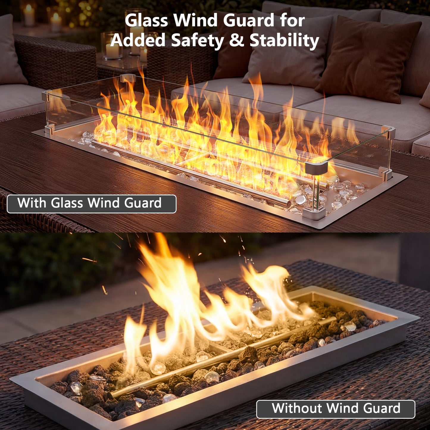 GRISUN Upgraded 36" x 12" Drop-in Fire Pit Burner Kit, Gas Fire Pit Kit with Glass Wind Guard & Lid, Linear Fire Pit Pan Insert with Spark Ignition for Fire Pit Tables