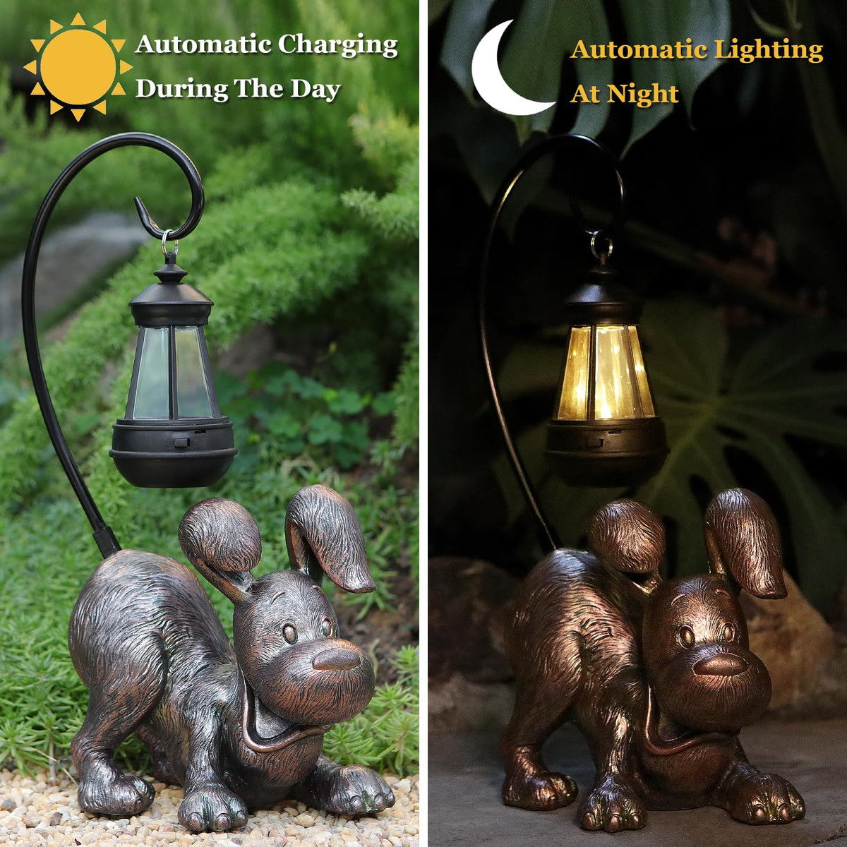 Hnnpmm Laughing Dog Figurine with Solar-Powered LED Light 15.9 Inch Tall Antique Bronze, Perfect for Gift Garden Decor or Housewarming for Dog Lovers