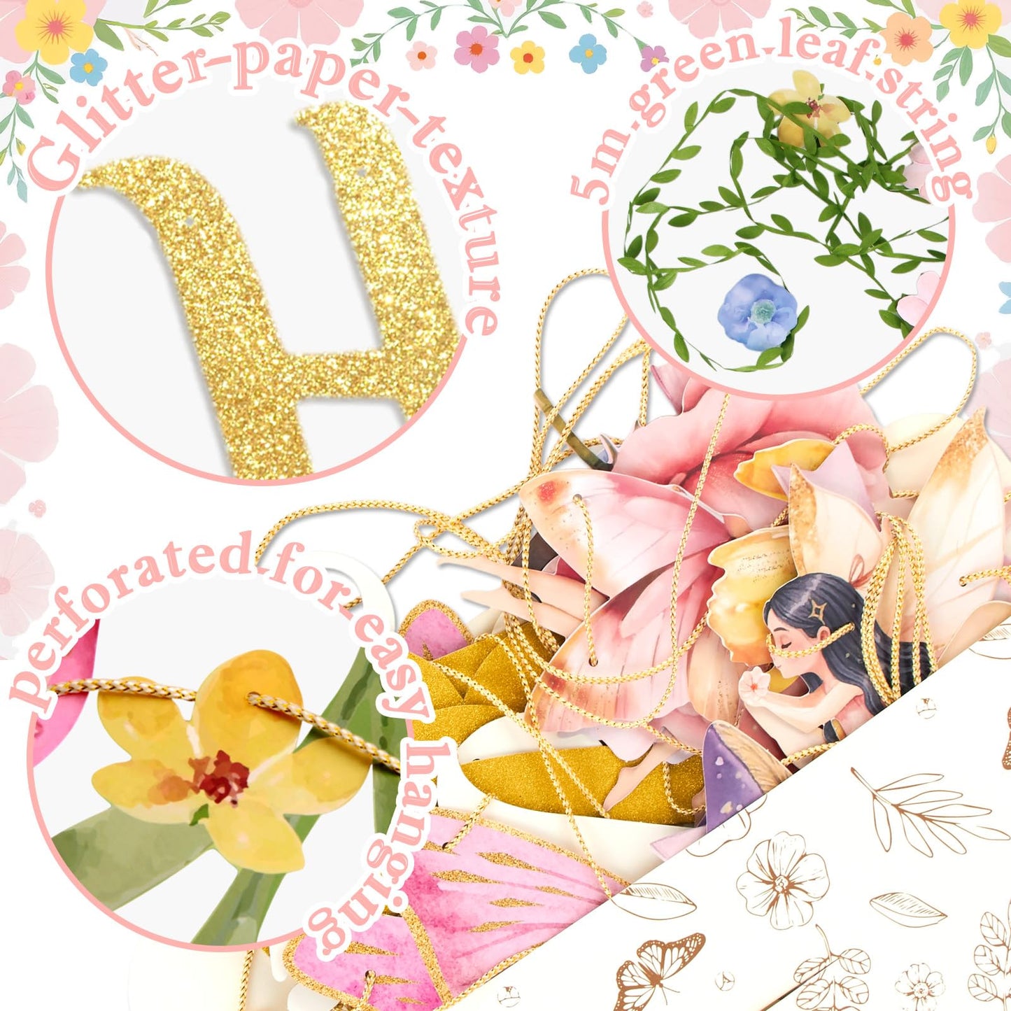 Paper Jazz Fairy Birthday Banner with Butterfly Fairy Party Decorations Mushroom Decor Fabric Vines Paper Garlands Decorations for Birthday,Garden Tea Party,Baby Shower.