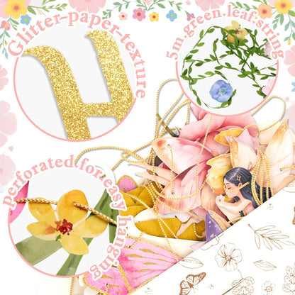 Paper Jazz Fairy Birthday Banner with Butterfly Fairy Party Decorations Mushroom Decor Fabric Vines Paper Garlands Decorations for Birthday,Garden Tea Party,Baby Shower.