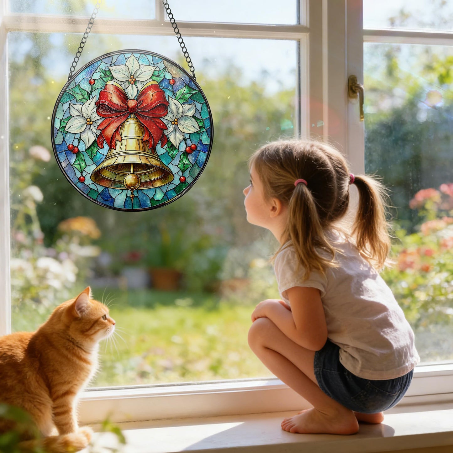 Stained Glass Window Hanging, 7.8 Inch Christmas Bell Suncatcher, Sun Catchers for Window Ornament, Festive Holiday Window Decor, Gifts for Christmas, New Year, Thanksgiving, Housewarming