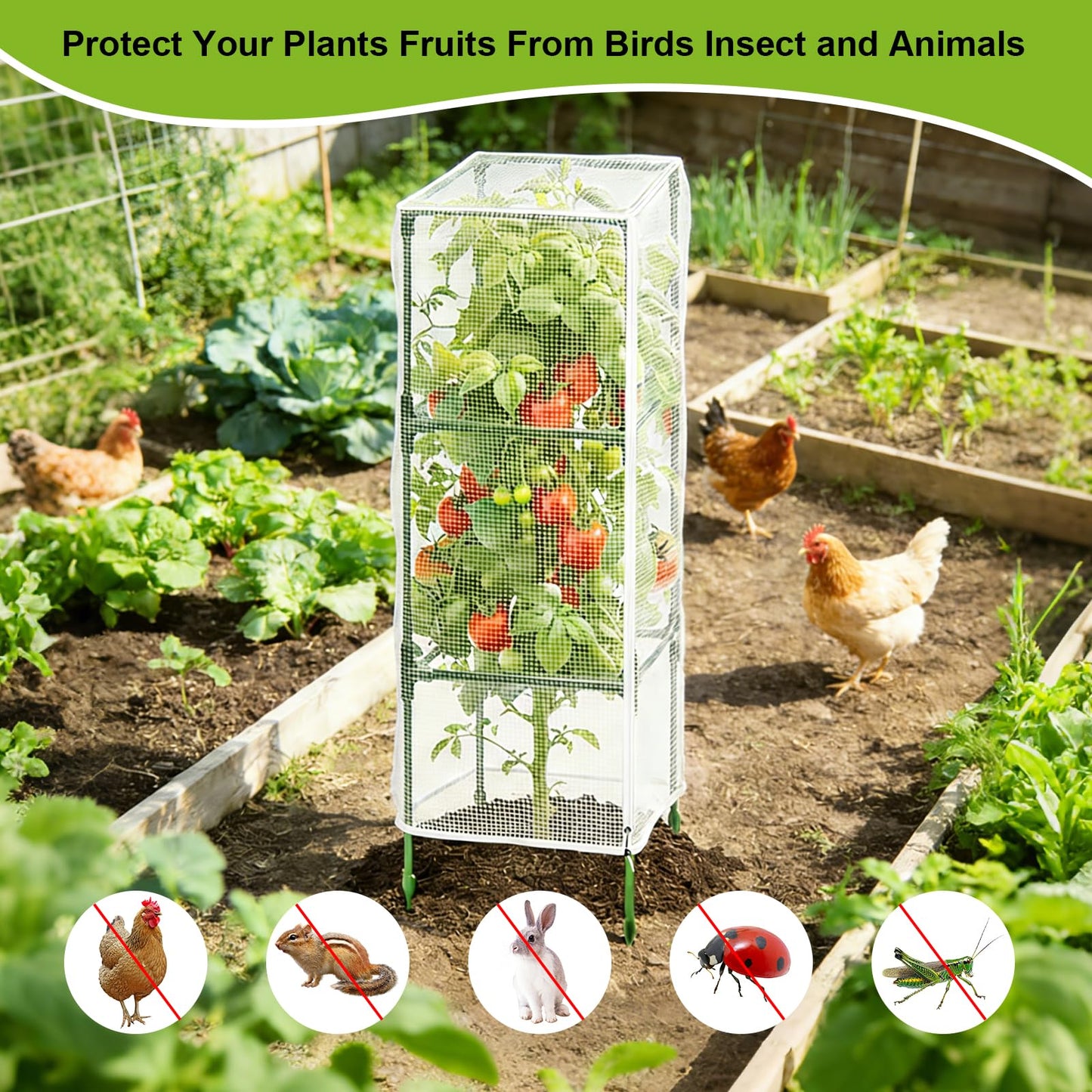 3Pack Garden Bird Netting for Square Tomato Cage, 59" x 18" Garden Netting Pest Barrier Mesh Plant Cover Tomato Cage Net with Zipper & Drawstring, Insect Barrier Tomatoes Protective Cover for Plants