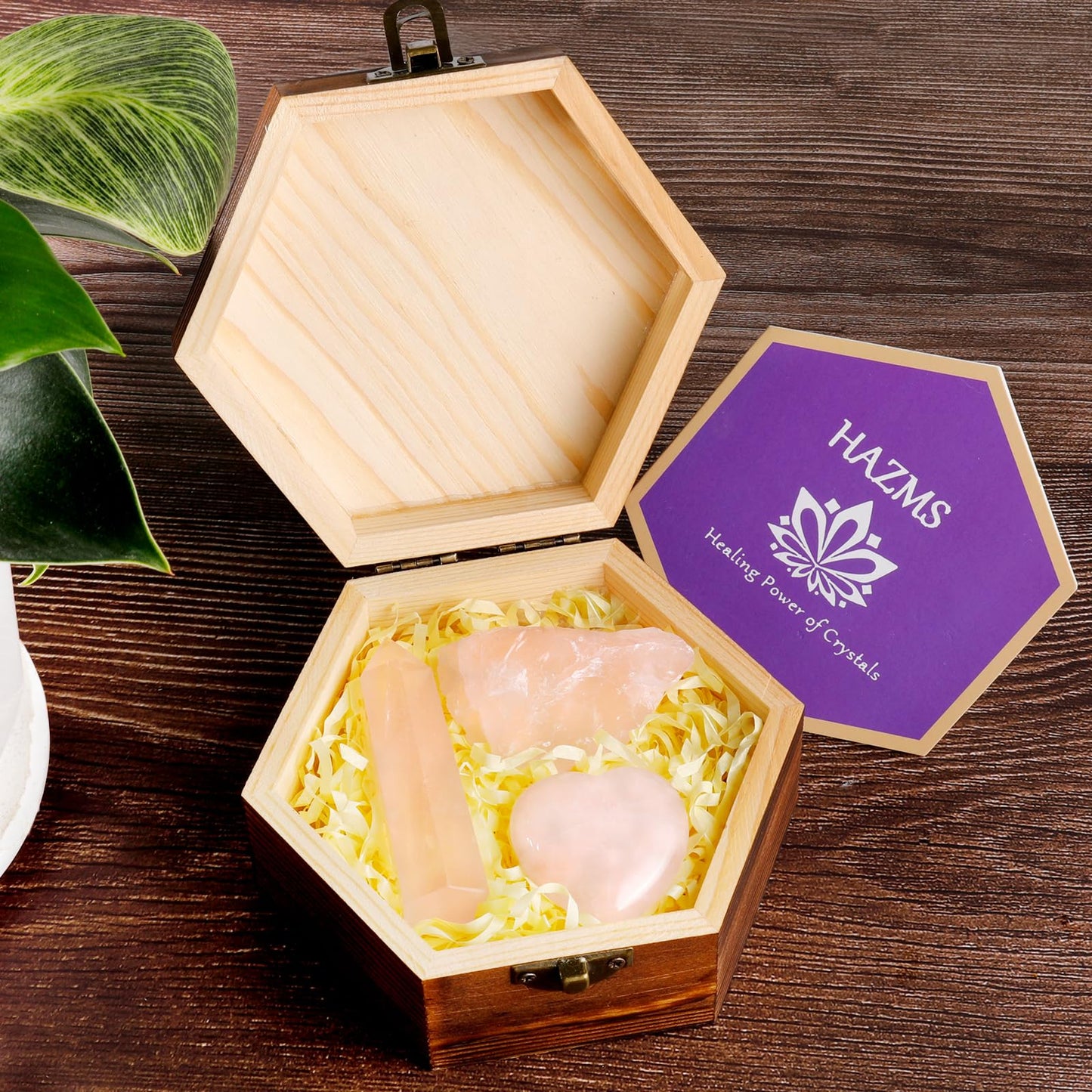 Hazms Rose Quartz Crystals with Wooden Gift Box, Crystals and Healing Stones Set with Rose Quartz Tower, Heart Stone, Raw Crystals for Love, Meditation, Chakra, Reiki, Home Decor- Gift for Women