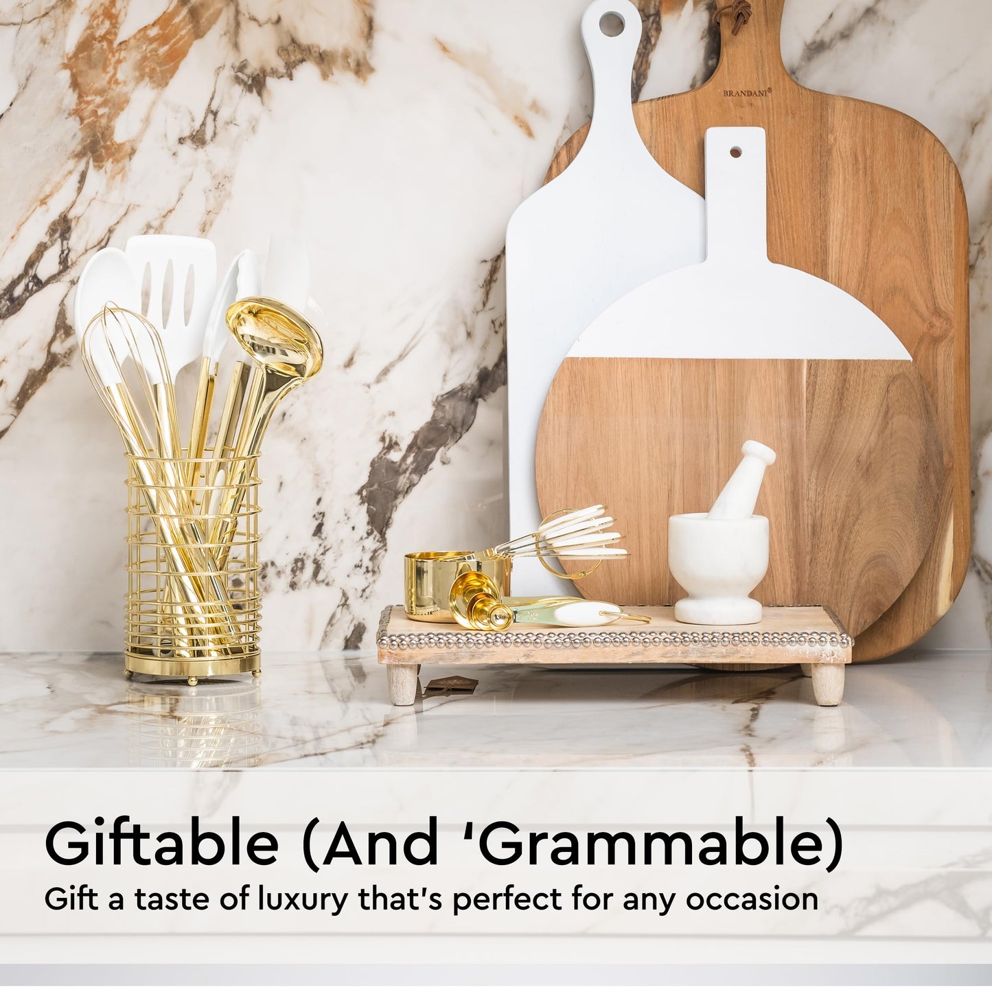 White & Gold Cooking Utensils Set - Luxe 8-Piece Kitchen Gadget Set Includes Can Opener, Tongs and Garlic Press - Stylish White and Gold Kitchen Accessories for Modern Kitchens, Ideal for Gifting