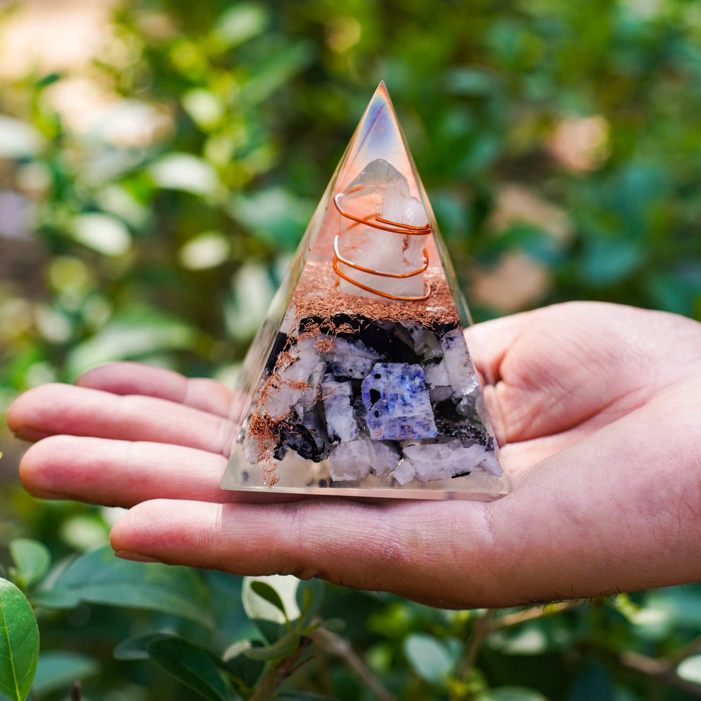 Ever Vibes Rainbow Moonstone Orgone Pyramid - Handmade Healing Crystal Gemstone for Positivity, Strength, Meditation, Reiki, Yoga, Spiritual Gift, Home & Office Decor