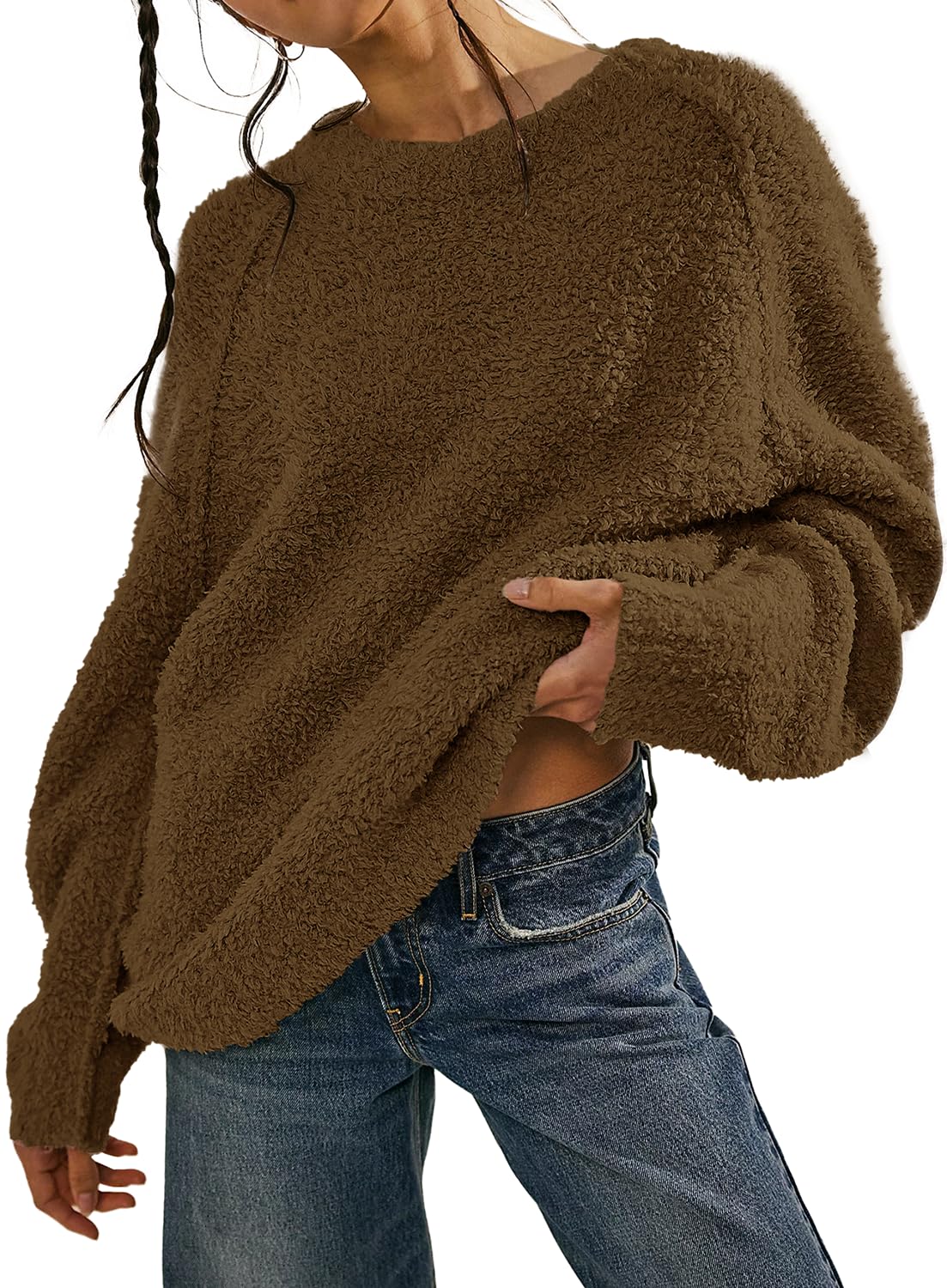Beaully Women's Oversized Long Sleeve Crewneck Fuzzy Knit Warm Sweaters 2025 Fall Pullover Sweater Tops
