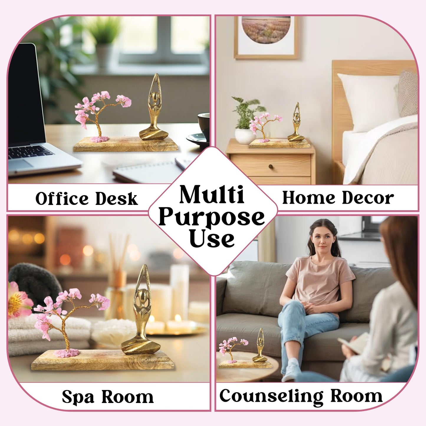 HOME INFINIX Rose Quartz Crystal Tree with Golden Yoga Figurine – Handmade Bonsai Gemstone Tree on Wooden Base for Healing & Positivity, Meditation, Feng Shui, Reiki, Spiritual Home Decor, Zen Gift