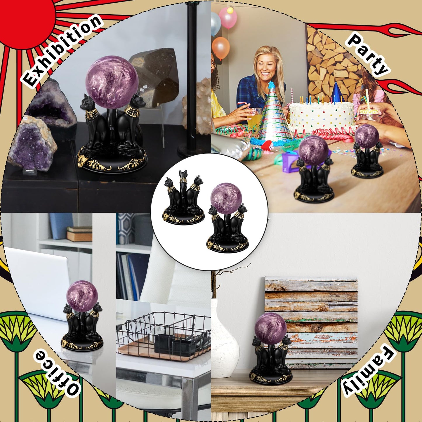 Geelin 2 Pcs Bastet Cat Sphere Stand Egyptian Cats Crystal Sphere Holder Black Ball Display Base Resin Figurines Statue Home Decoration for 50-55mm Spheres