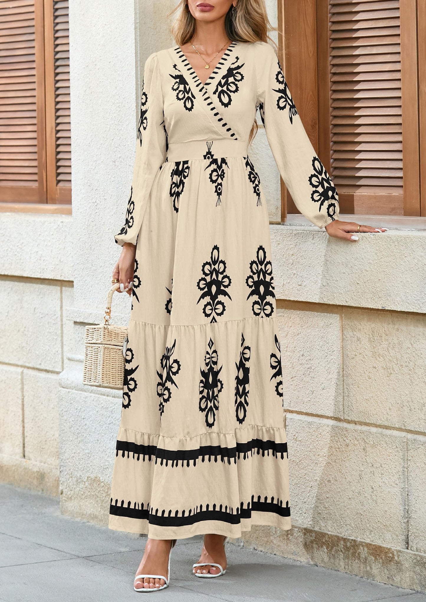 PRETTYGARDEN Women's 2025 Fall Wedding Guest Dresses Boho Floral Long Sleeve V Neck Flowy Elegant Maxi Dress Beach Clothes