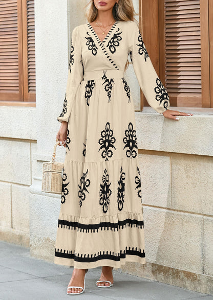 PRETTYGARDEN Women's 2025 Fall Wedding Guest Dresses Boho Floral Long Sleeve V Neck Flowy Elegant Maxi Dress Beach Clothes