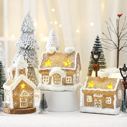 GlikCeil 17pcs LED Christmas Gingerbread Village Sets 3 Ceramic Gingerbread Houses Decor 2 Birch Trees 10 Pine Trees 2 Streetlight Christmas Figurines for Mantel Tabletop Shelf Decor