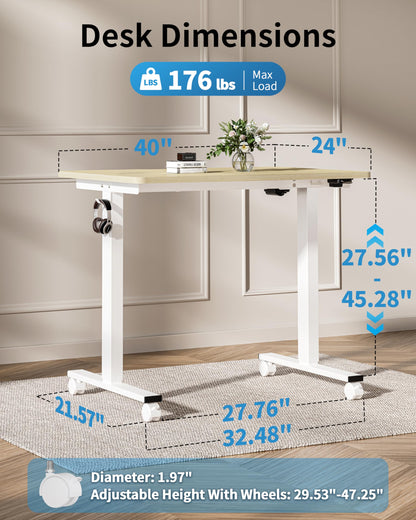 Okin Electric Standing Desk, 40 x 24 Inches Whole Piece Height Adjustable Desk, Oak Sit to Stand Desks Computer Workstation with Wheels for Home Office