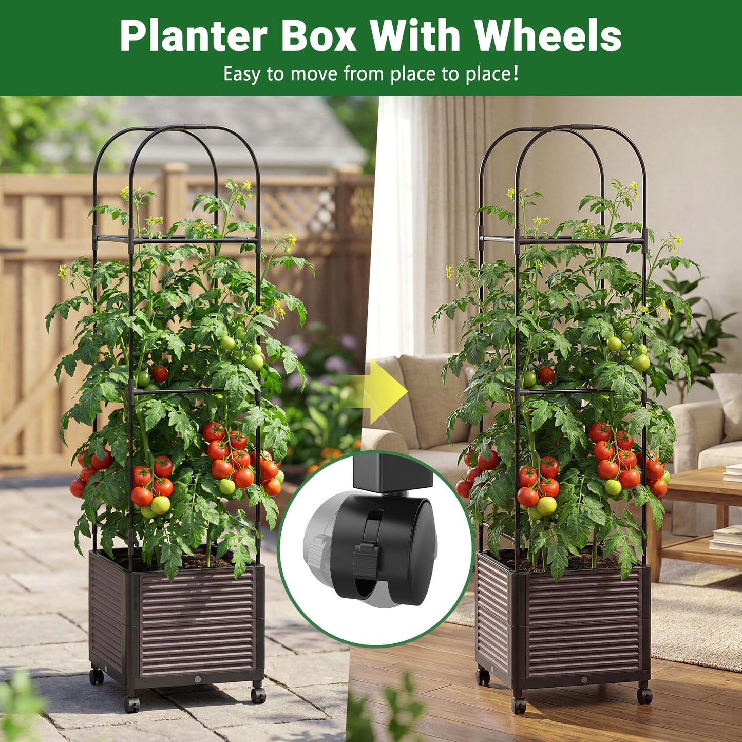 UrGROWA Raised Garden Bed Planter Box with Trellis, 61''H Tomato Planters for Climbing Plants Vegetable Vine Flowers Outdoor Patio Tomato Cage, Self Watering Planter with Wheels
