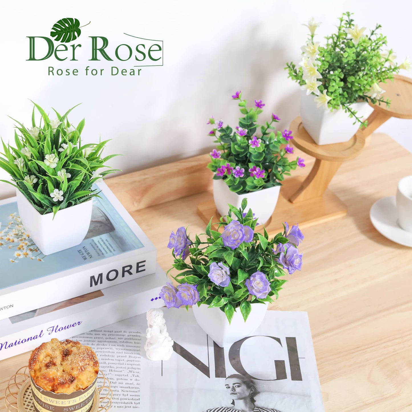 Der Rose 4 Pack Small Fake Plants Mini Artificial Faux Plants Indoor with Flowers Spring Decorations for Home Room Farmhouse Desk House Bathroom Decor