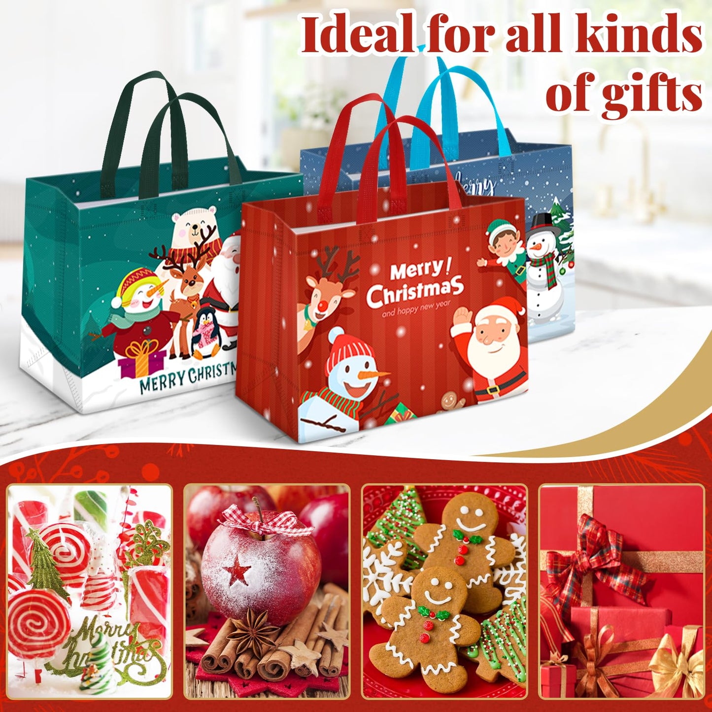TranquilBliss 16 PCS Christmas Gift Bags, Reusable Holiday Treat Bags with Handles, Christmas Baskets for Gifts Empty, Non-Woven Xmas Party Supplies, 12.8"×9.8"×6.7"