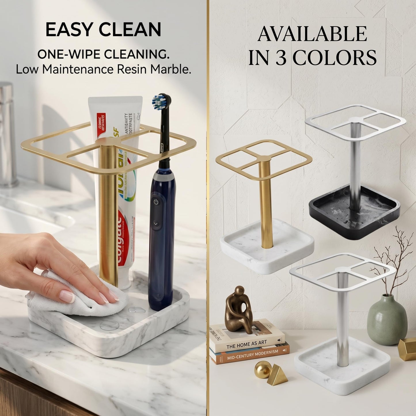 ERSINNO Electric Toothbrush Holder for Bathroom - Resin Marble Base & 304 Stainless Steel Organizer - 3-Slot Toothpaste and Vanity Stand - Space-Saving Bathroom Caddy for Countertop (White Silver)