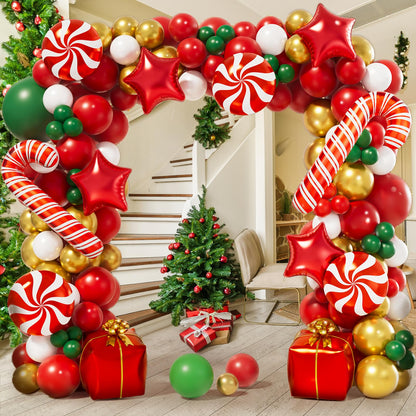 AobkDeco 151PCS Christmas Balloon Garland Arch Kit with Red White Golden Dark Green Balloons Candy Foil Balloon Candy Cane Balloon Gift Box Balloon Star balloon for Christmas Party Decorations