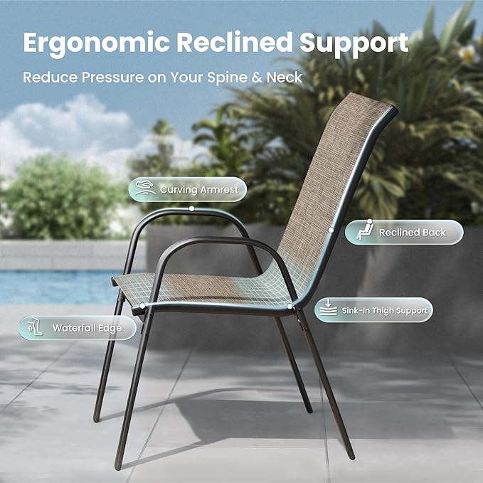 PHI VILLA Patio Chairs Set of 2, Outdoor Stackable Dining Chairs with E-Coating Metal Frame and Upgraded Textilene Fabric, All Weather Deck Chair 350 LBS Capacity for Porch Poolside Garden