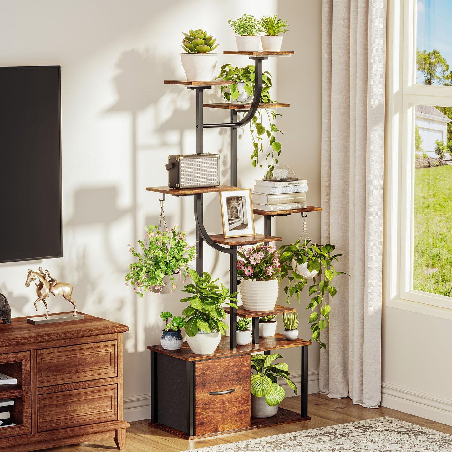 Verinch 59" Plant Stand Indoor with Grow Lights, 2PCS, 9 Tiered Plant Shelf with Drawer, Corner Plant Stands for Indoor Plants, Metal Plant Flower Display Shelf, Plant Rack for Home, Black (1)