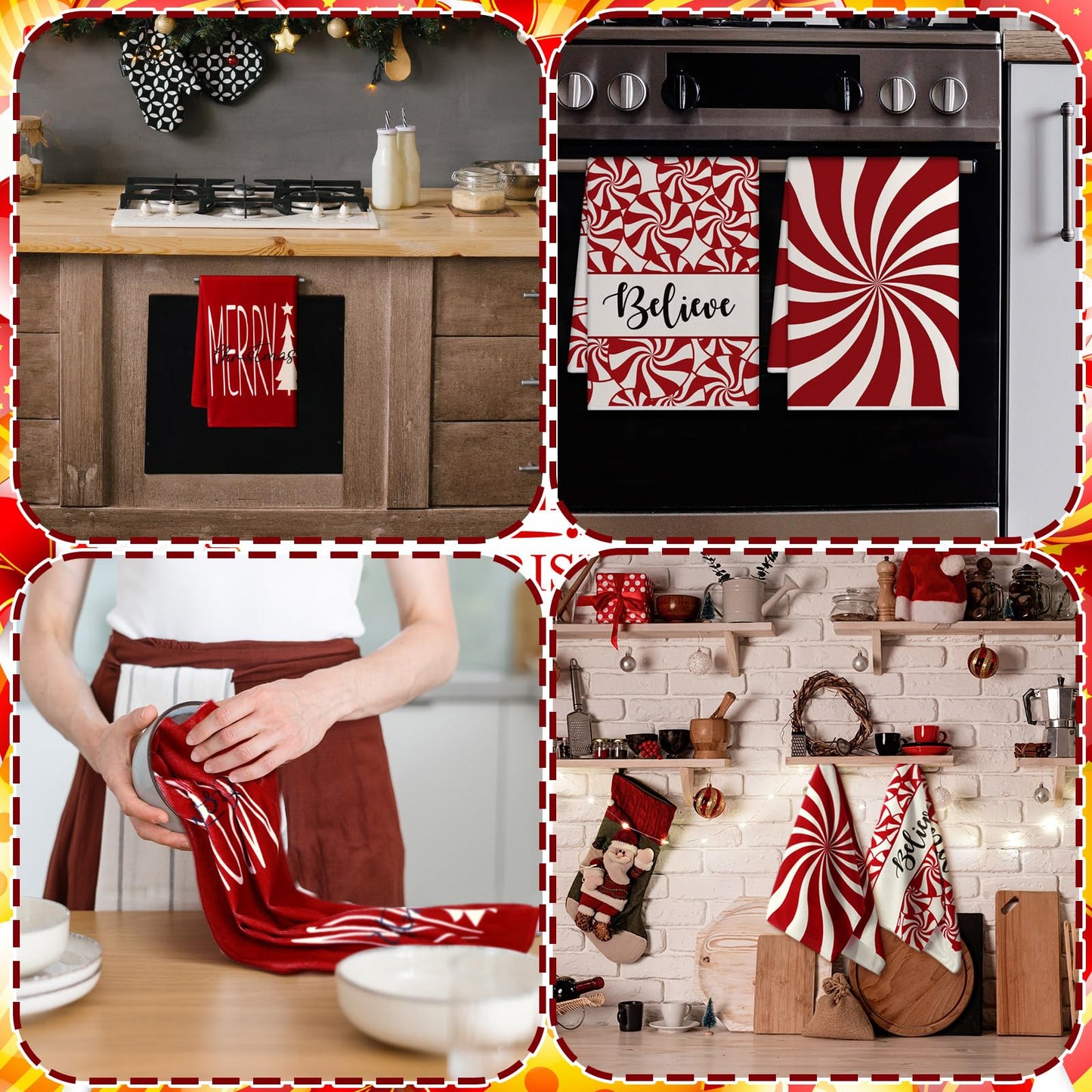 Breling 6 Pcs Christmas Kitchen Towels Red White Candy Tea Dishtowel 23.62 x 15.75 Inch Decorative Peppermint Candy Cane Hand Towel for Holiday Winter Home Kitchen Bathroom Decor Housewarming Gift