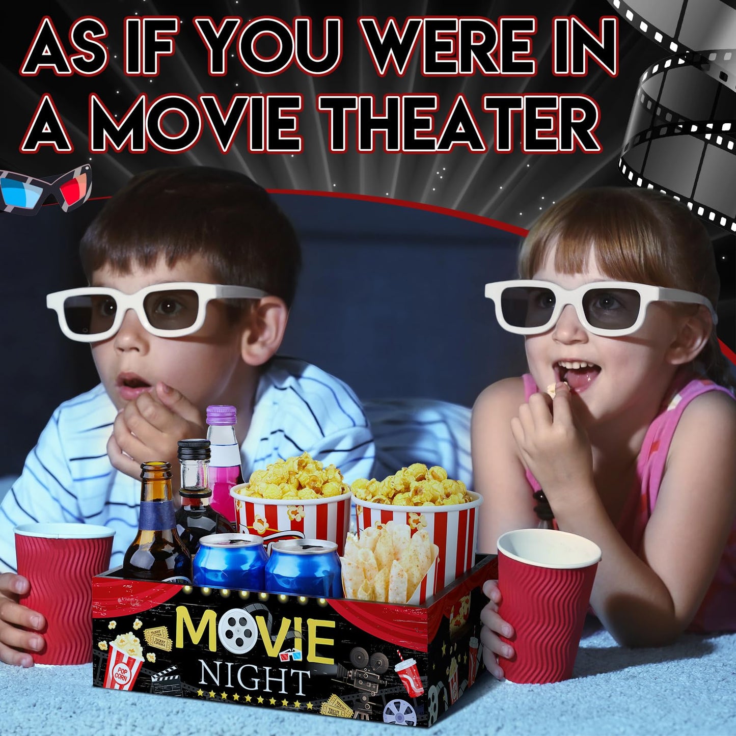 Movie Night Supplies Snack Trays with Handles Reusable Wooden Movie Gift Basket for Theater Popcorn Bucket Bowl Box Container Family Room Decor(Classic Style)