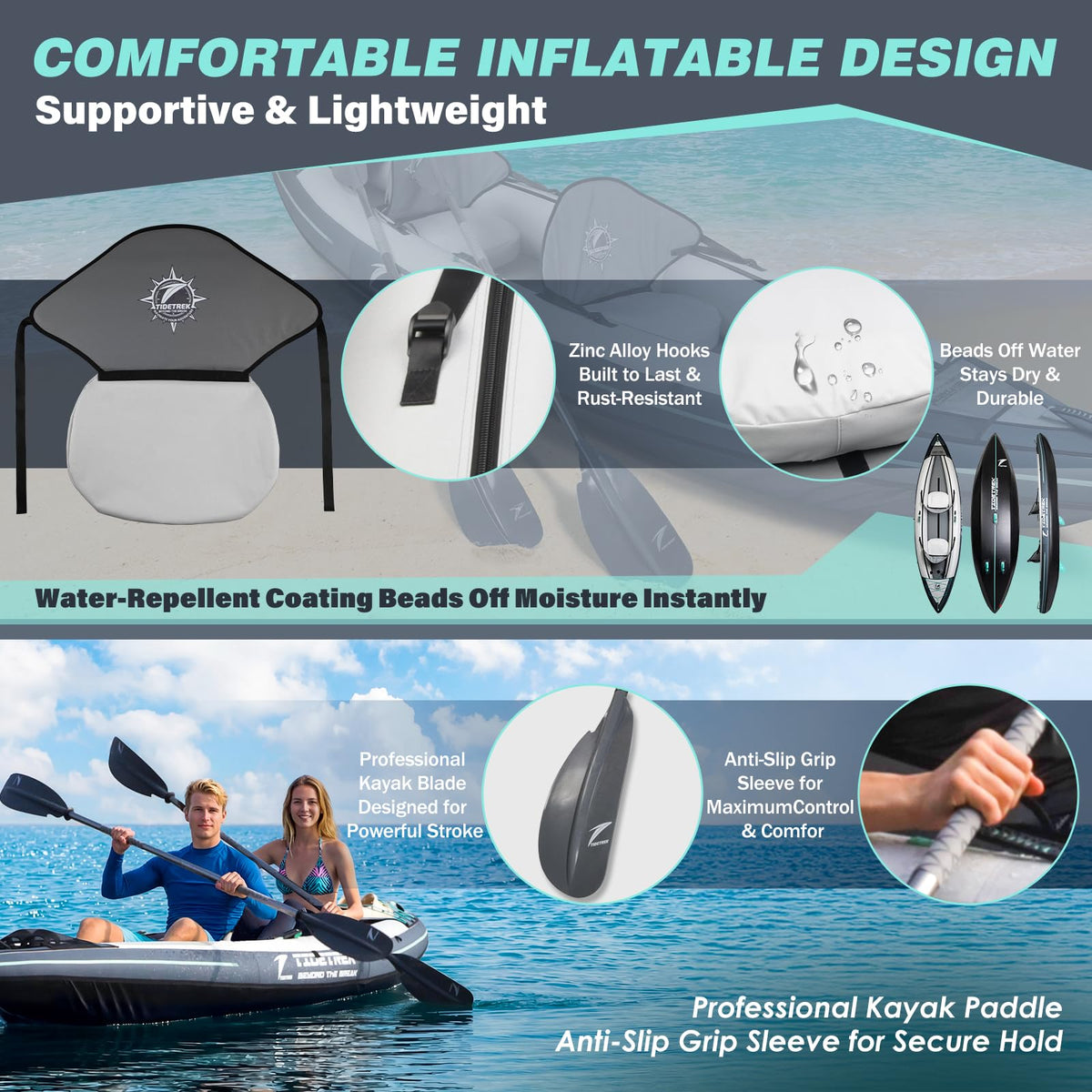 TIDETREK Inflatable Touring Kayak 1-Person & 2-Person with Waterproof Seat & Full Accessory Kit, Lightweight Recreational Kayak for Lake, River & Fishing (Storm Edge, 2-Person(Tandem))