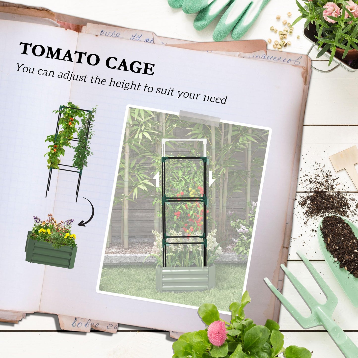 Outsunny Galvanized Raised Garden Bed, 55" Tall Outdoor Planter Box with Trellis Tomato Cage and Open Bottom for Climbing Vines, Vegetables, Flowers in Backyard, Garden, Patio, Green