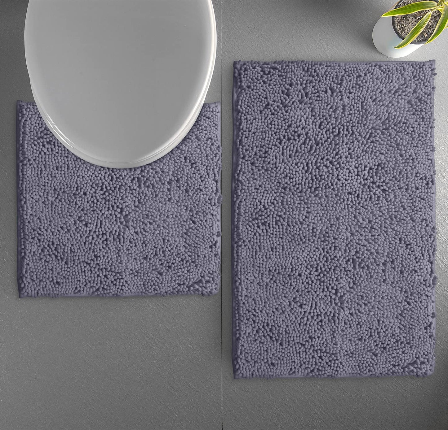 LuxUrux Bath Mat Set, Luxury Chenille (2-Piece) Soft Plush Anti-Slip Rug + Toilet Mat.1'' Microfiber Shaggy Carpet, Super Absorbent (Dark Grey, 80 x 50 cm + U Shaped 50 x 50 cm)