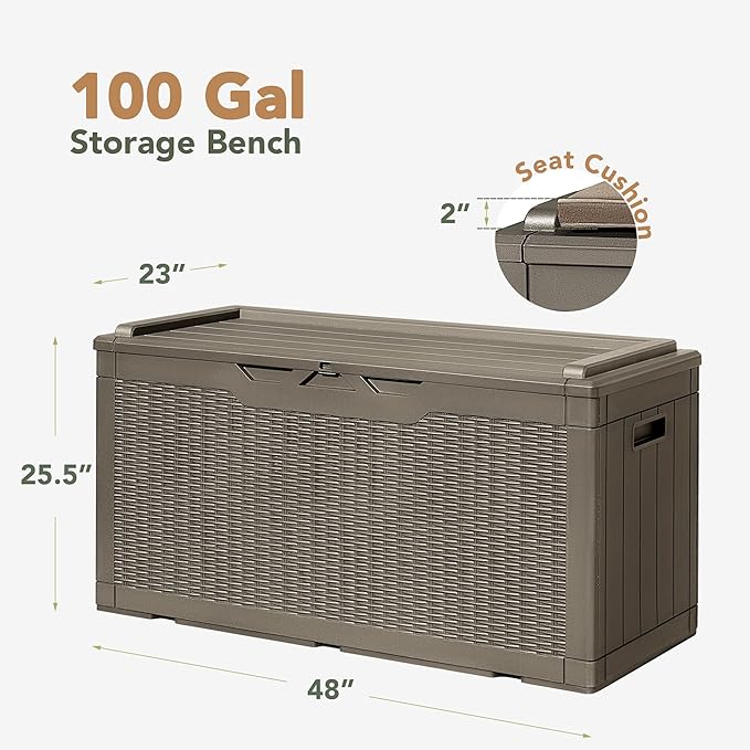 Flamaker Deck Box with Cushion 100 Gallon Waterproof Resin Storage Box with Air Rod Indoor Outdoor Lockable Storage Bench for Patio Furniture, Tools, Pool Accessories (Brown)