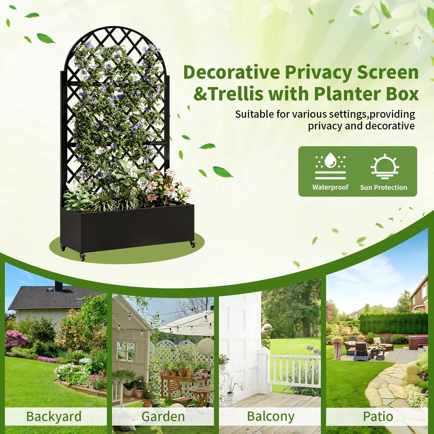 Metal Planter Box with Trellis and Wheels, 73"x35"x16" Galvanized Steel Raised Garden Bed with Drainage Holes and Privacy Screen Function for Climbing Plants, Vegetables, Flowers, and Vines–Black