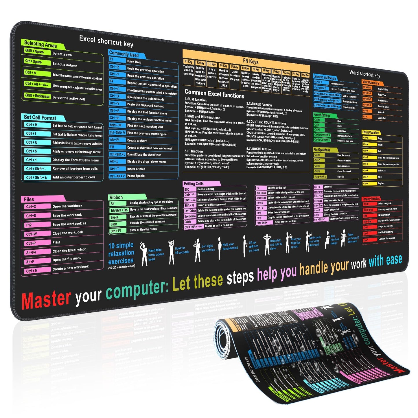 Waterproof Desk mat—Excel Cheat Sheet Desk pad—Contains 12 Types of Common Skills in Excel and Word—Large XL Gaming Mouse pad|Office Keyboard pad|Computer mat with excel Shortcuts