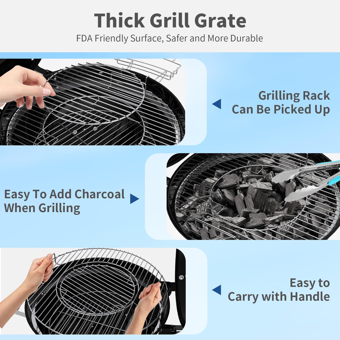 22.5-Inch Portable Charcoal Grill, Heavy Duty Kettle BBQ Smoker with Built-in Thermometer & Removable Water-Rinsable Ash Catcher for Outdoor Camping, Patio, Backyard, and Tailgating
