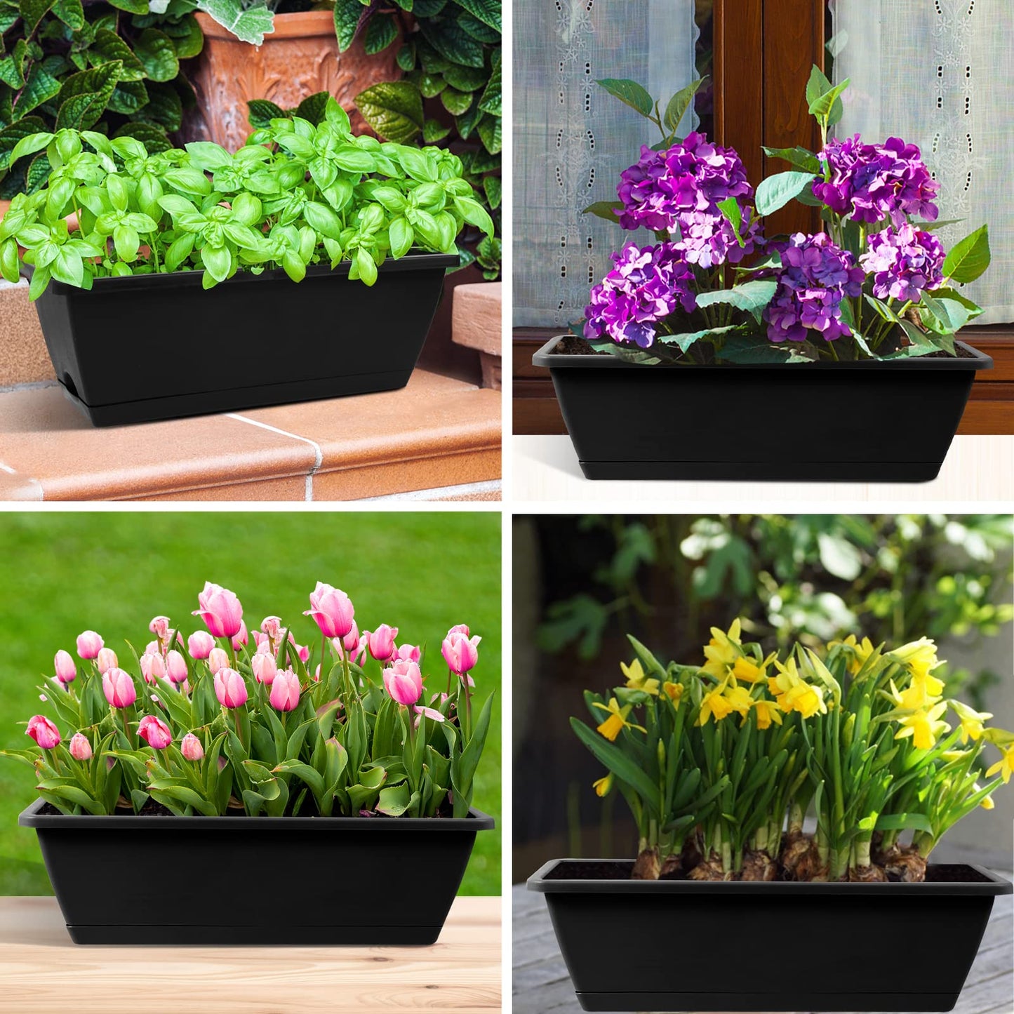 8pcs Window Box Planter,17 Inches Flower Window Boxes,Rectangle Planters Box with Drainage Holes and Trays, Plastic Vegetable Planters for Windowsill Patio Garden Home Decor Porch Yard (Black)
