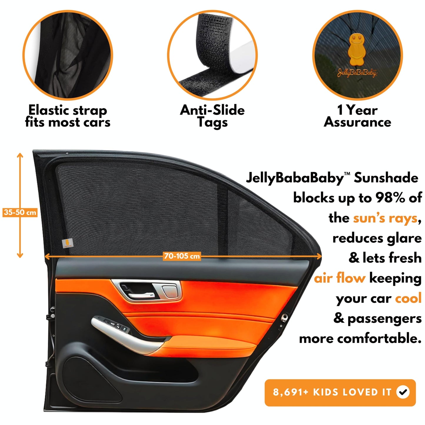 JELLYBABABABY Car Window Shades for Baby | Cooling UV Protector for Kids & Pets | 2-Pack Fits Almost Every Car | Sun Shade for Baby | Rear Side Window Tint | Stretchable & Breathable
