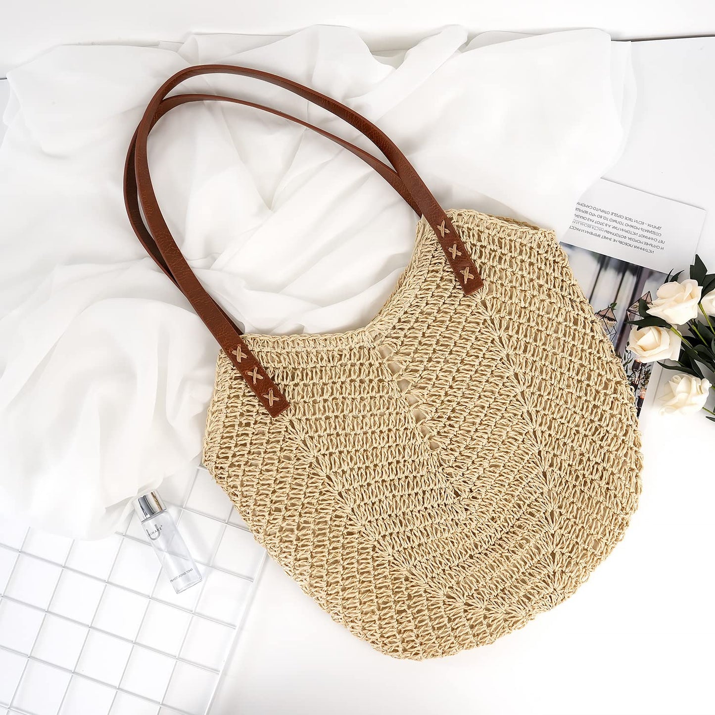 Straw Beach Bag for Women Large Straw Tote Bag with Zipper Summer Woven Bag Travel Straw Shoulder Bags for Vocation