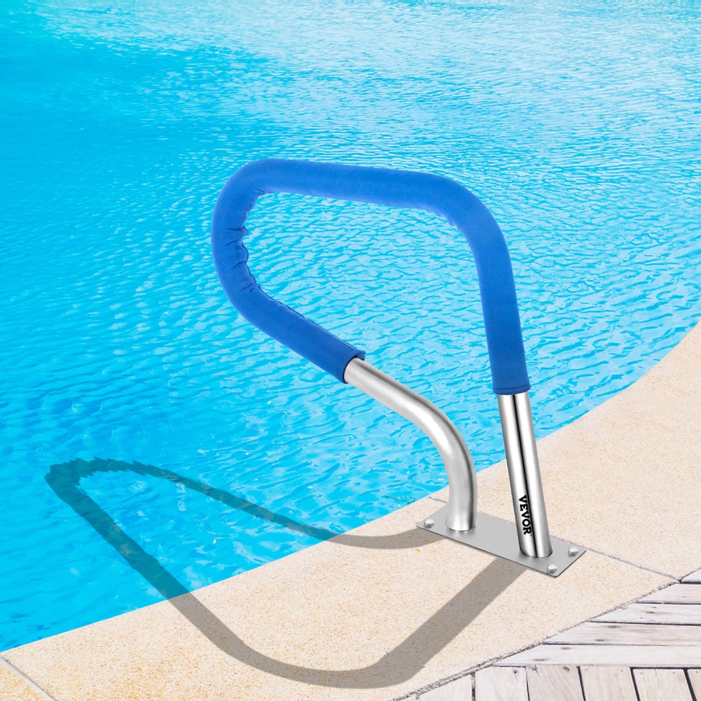 VEVOR Pool Rail 32x23 Pool Railing 304 Stainless Steel 250LBS Load Capacity Silver Rustproof Pool Handrail Humanized Swimming Pool Handrail with Blue Grip Cover & M8 Drill Bit & Self-taping Screws