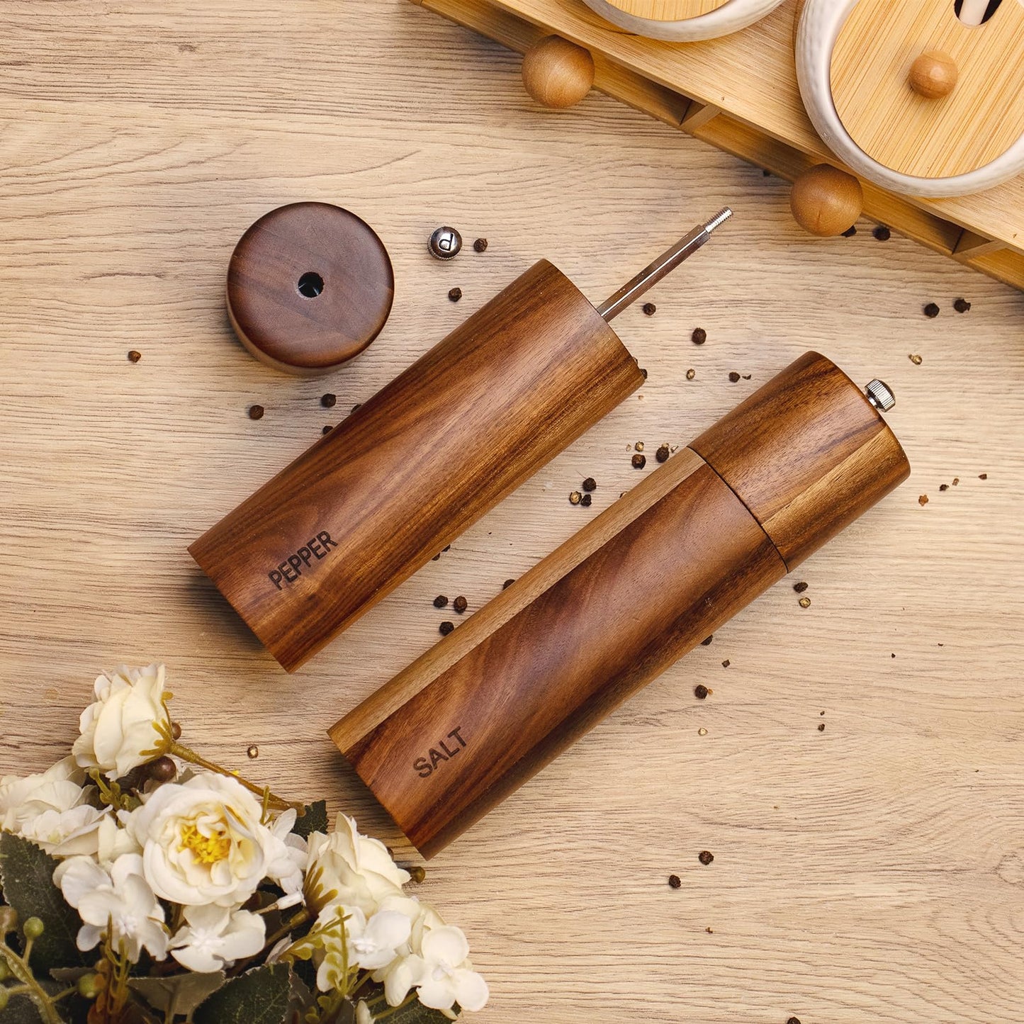 XWXO 2 Pack Acacia Wooden Salt and Pepper Grinder Set 8 Inches Refillable Salt and Pepper Mills Adjustable Coarseness, Acacia Wood with Ceramic Core Peppercorn Shaker Tableware Birthday Gifts
