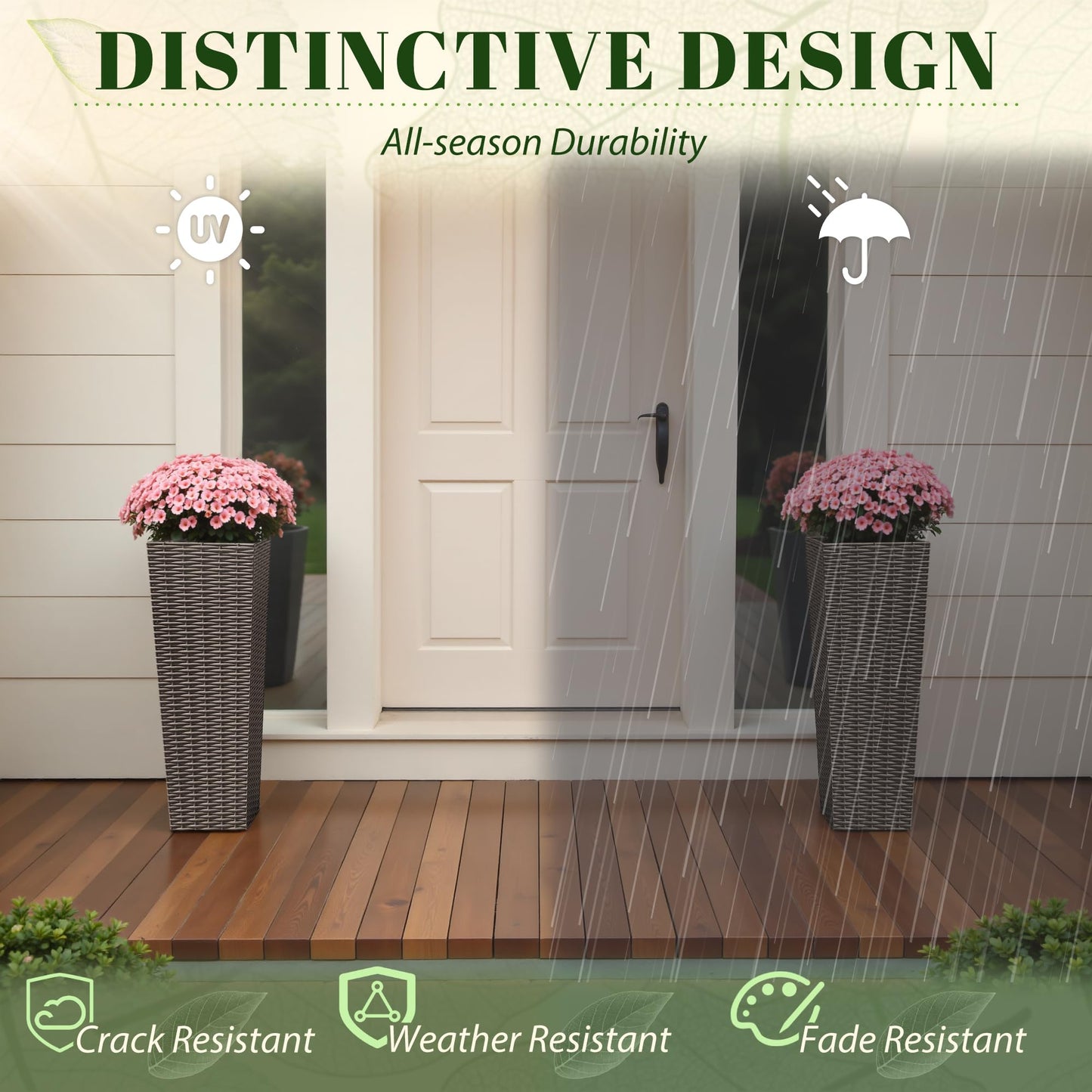 JUMMICO Set of 2 Resin Rattan Tall Planters for Outdoor Plants, Large Tapered Planters with Drainage Holes&Inner Trays, Flower Pots for Garden, Patio, Porch, Backyard (Brown, 24'')
