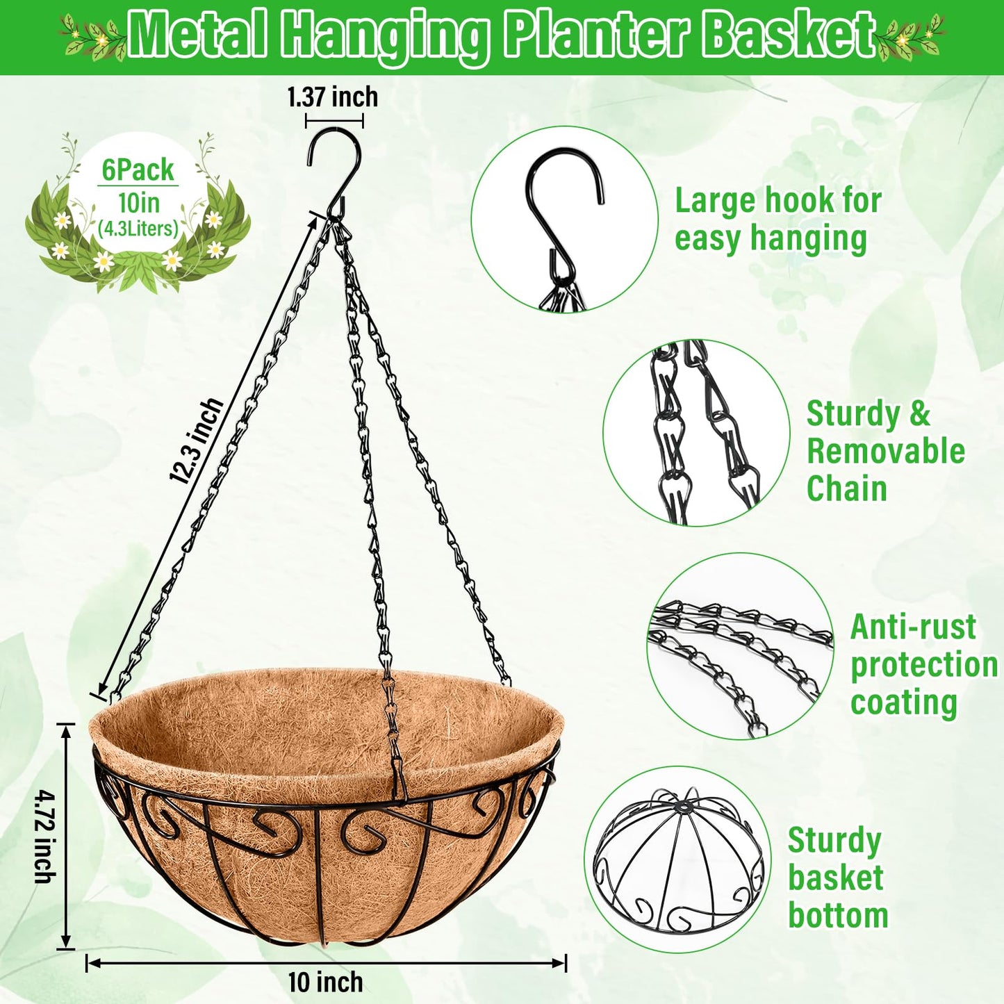 Legigo 6 Pack 10 Inch Metal Hanging Baskets for Plants Outdoor- Round Wire Hanging Planters Basket with Coconut Coir Liner, Hanging Flower Pot for Outdoor Plants Flowers Garden Decorations