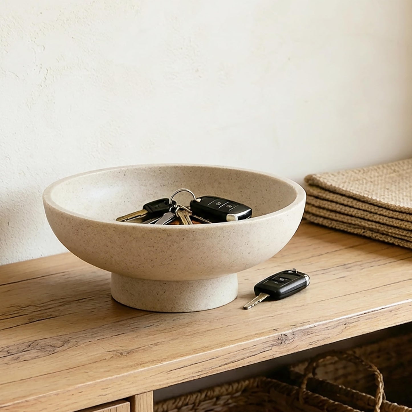 Plukers Catch All Decorative Fruit Bowl with Pedestal —Key, Purse & Trinket Holder | Entryway Table, Kitchen Counter, Coffee Console Decor | Modern Minimalist Artificial Stone Beige