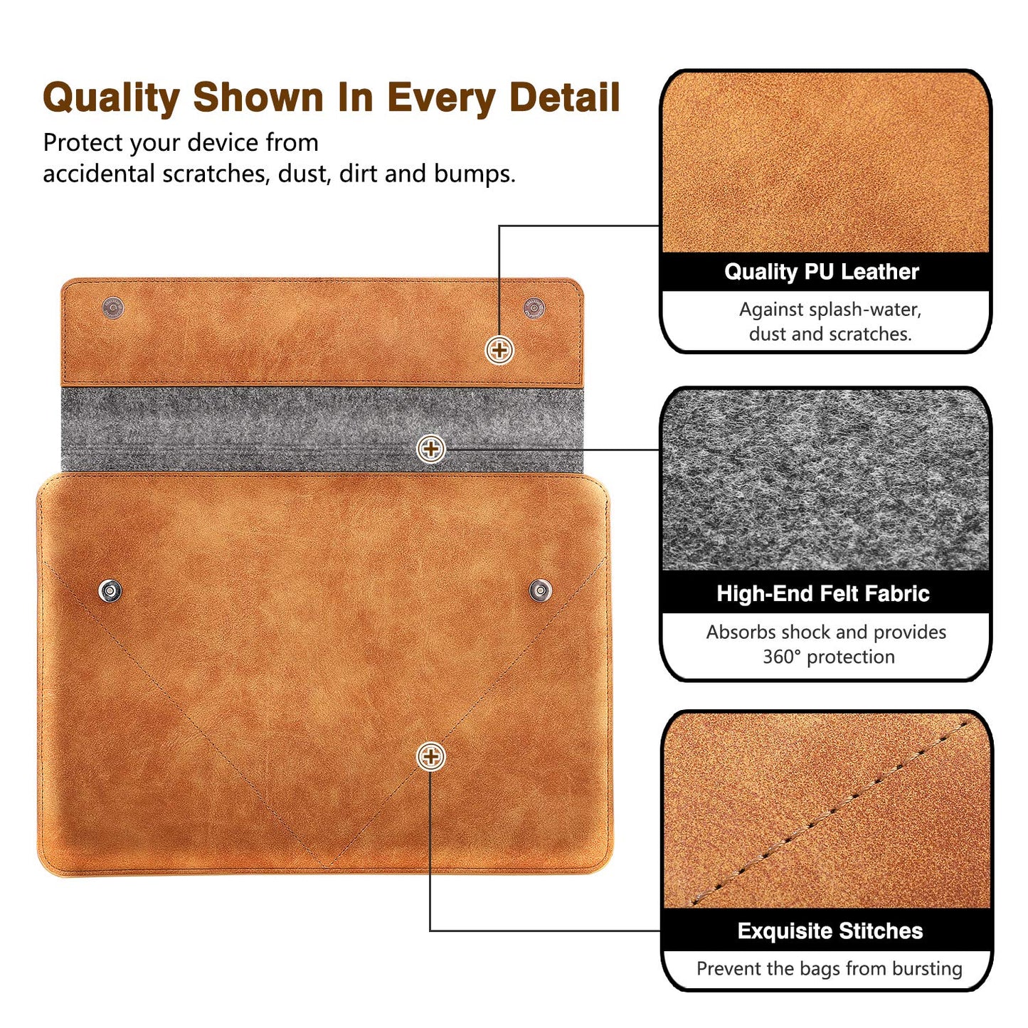 MoKo 13-13.3 Inch Laptop Sleeve Fits Macbook Pro M1 Pro/M1 Max 14.2 2021, iPad Pro 12.9 2021, Surface Pro 9, Felt & PU Leather Case Bag with Pocket, Gray&Brown