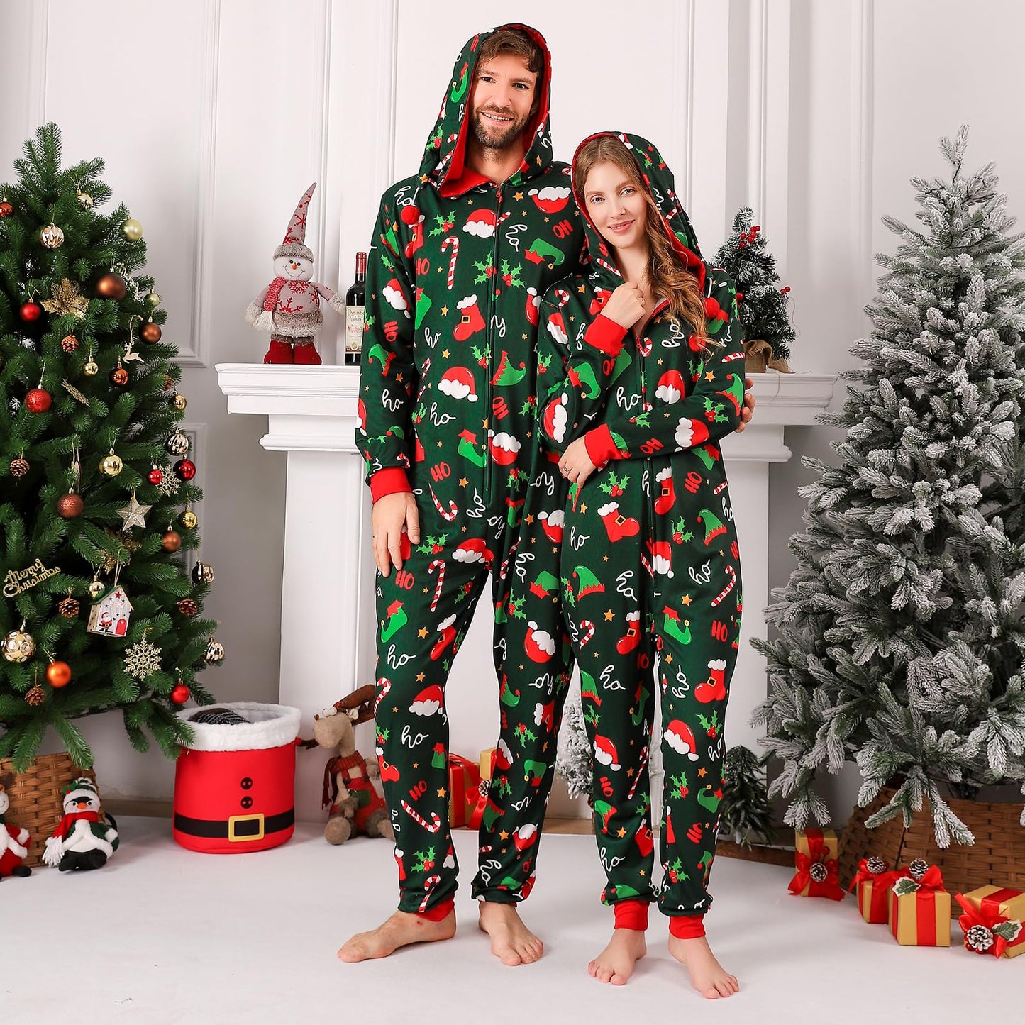ANGELGGH Family Matching Christmas Onesie Pajamas, Vacation Cute Printed One Piece Pajamas, Xmas Hooded Holiday Sleepwear (Green Elf Hat, 8-10)
