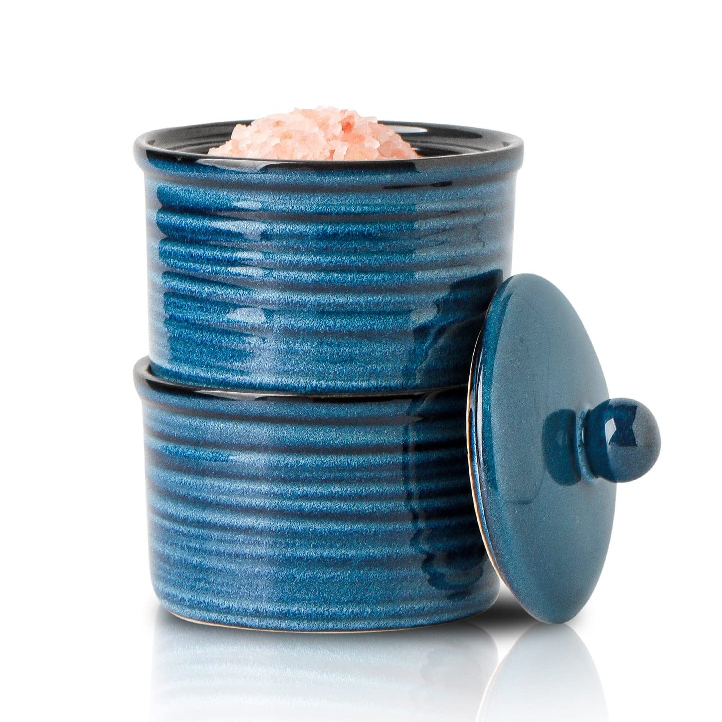 Hasense Ceramic Salt Cellar with Lid, 9 oz Salt and Pepper Bowls, Stacked Salt Box for Countertop Stovetop, Blue Farmhouse Kitchen Decor, Set of 2