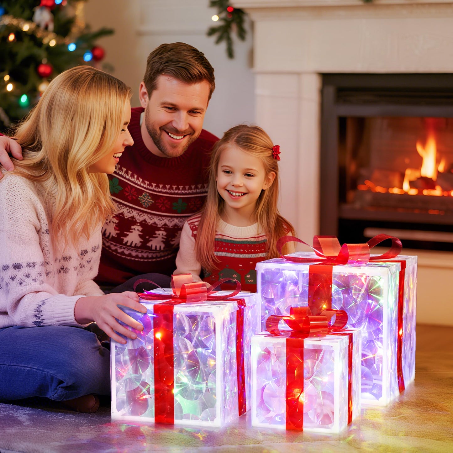 Set of 3 Christmas Lighted Gift Boxes with 50 LEDs,Outdoor Christmas Decorations,8 Modes RGBW Lights,Battery Operated Light Up Present Boxes for Christmas Trees Indoor Outdoor Home Yard Lawn Decor
