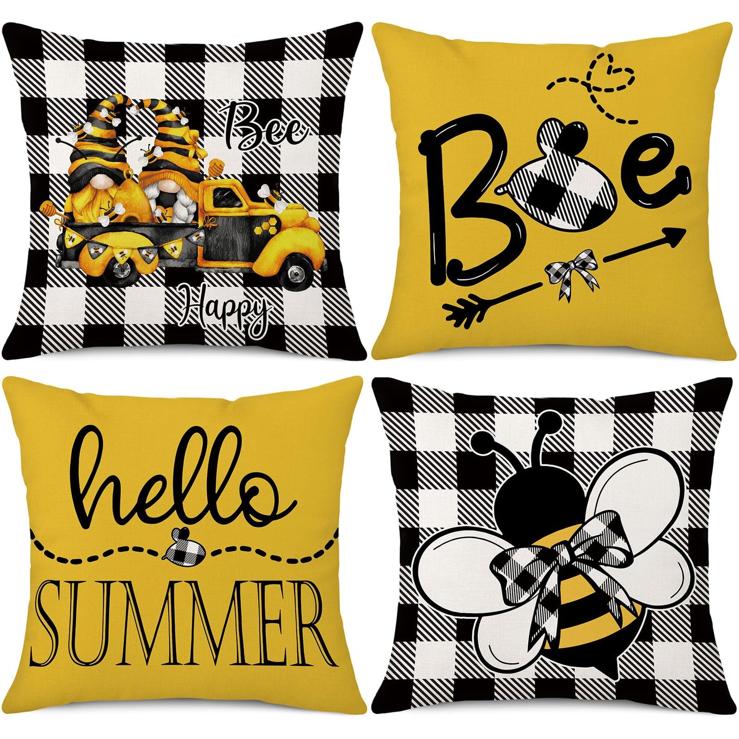 Coeufuedy Summer Bee Throw Pillow Covers 18 x 18 Set of 4 Black and White Buffalo Check Plaids Gnome Bee Summer Decorative Cushion Case for Sofa Couch Garden