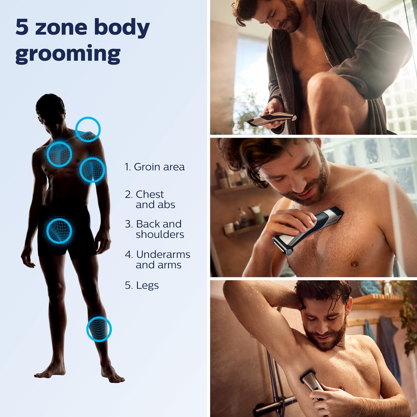 Philips Norelco Body Groomer 7000 Series, Men's Whole Body Groomer, Contour-Following 2D Flexing Head, Triple Protect Shave System & Intimate Body Hair Trimmer, 100% Showerproof, BG7480/50