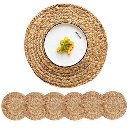 CY SISTERS Woven Placemats Round Placemats Set of 6, 13.5 Inch Wicker Placemat Circle Rattan Placemats Farmhouse Boho Braided Natural Water Hyacinth Place Mats for Indoor & Outdoor Table Decor