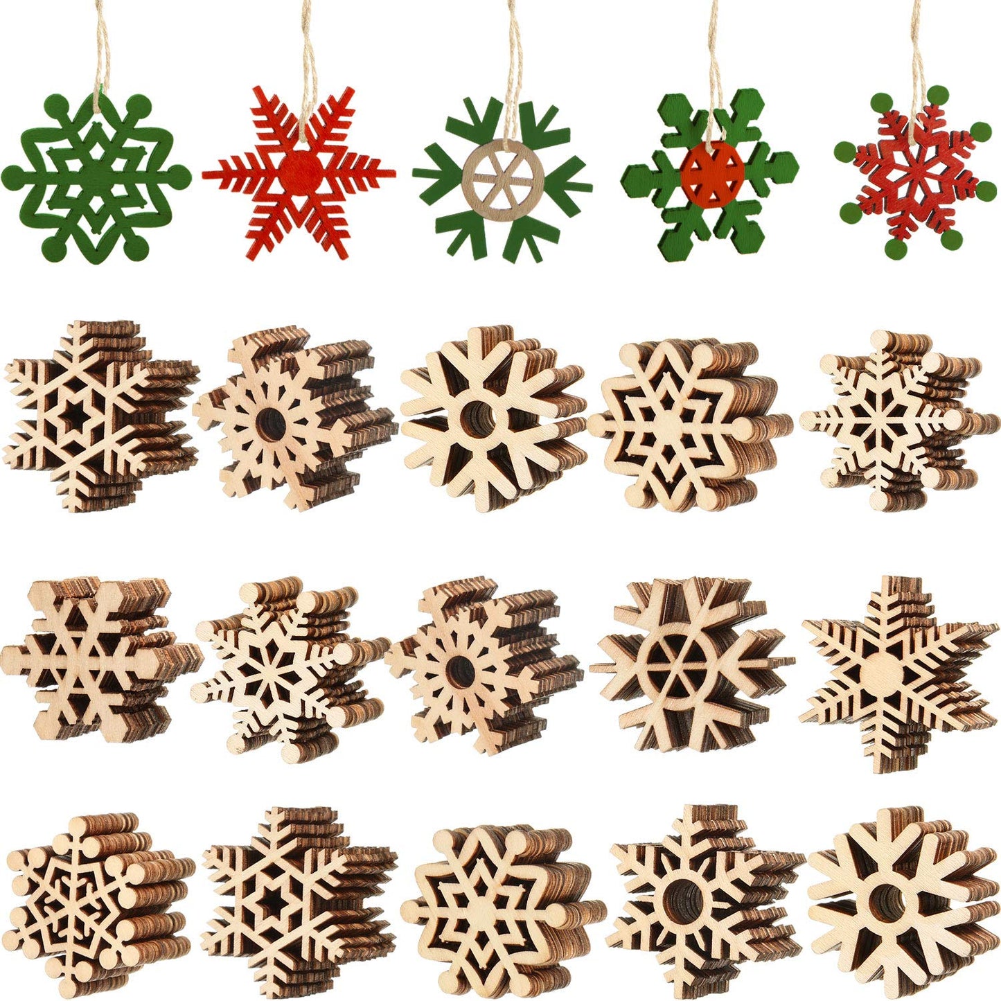 100 Pcs Christmas Unfinished Wooden Snowflake Ornaments Snowflake Hanging Cutouts Blank Wood Slices with Cord Craft Embellishments for Xmas Tree Decorations