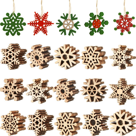 100 Pcs Christmas Unfinished Wooden Snowflake Ornaments Snowflake Hanging Cutouts Blank Wood Slices with Cord Craft Embellishments for Xmas Tree Decorations